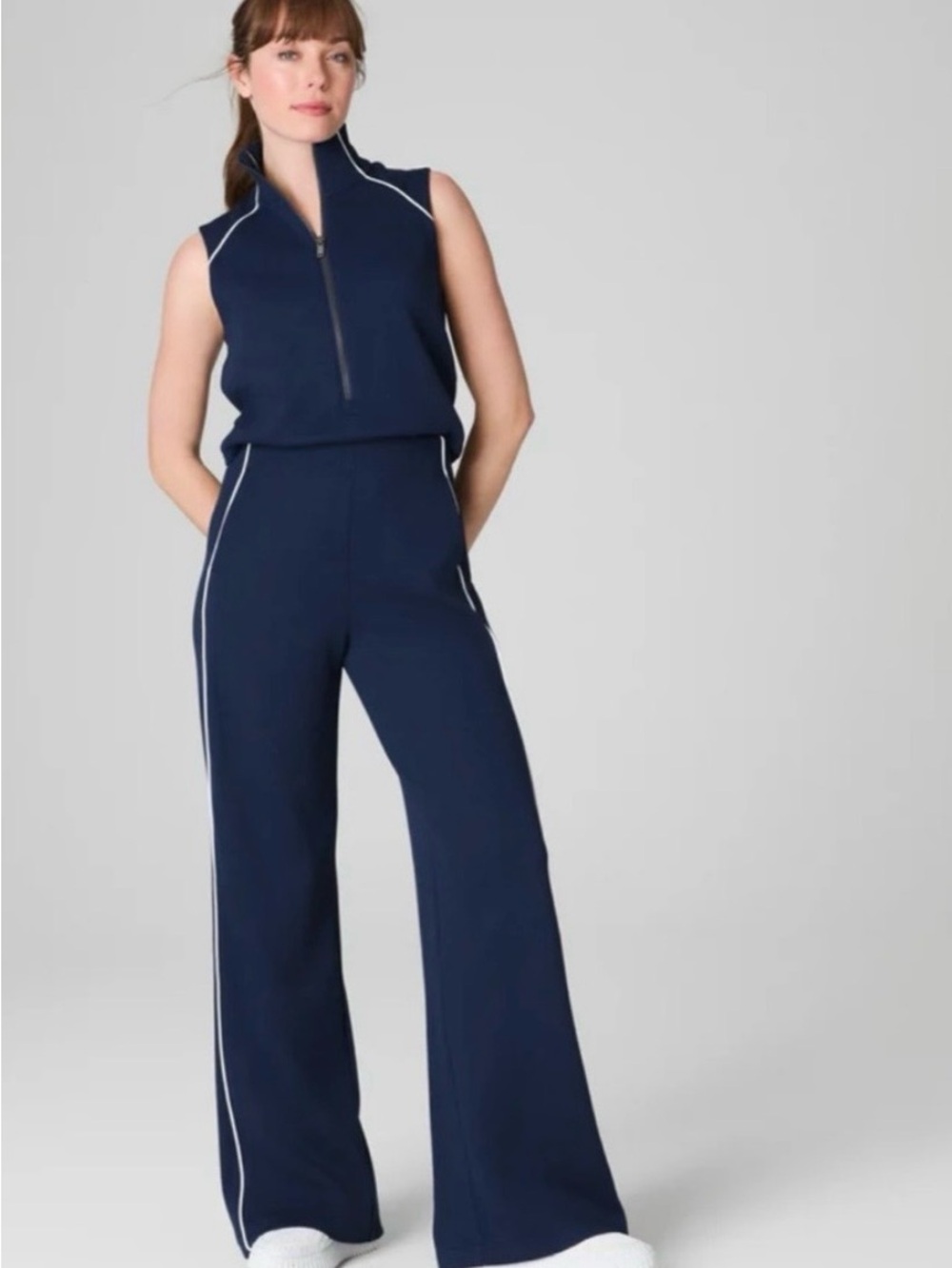 SPANX Navy Wide-Leg Sleeveless Jumpsuit with White Piping NWTSz L